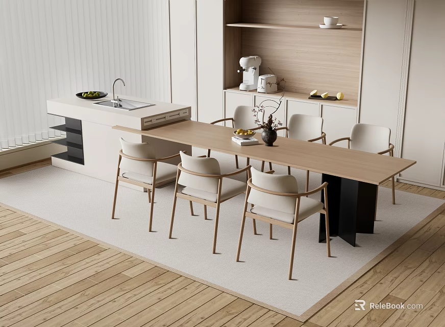 Modern Open Kitchen Interior With Stylish Bar Counter And Dining Chairs 3d model