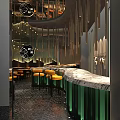 Modern Restaurant Interior With Blue Walls Orange Seats And Marble Tables