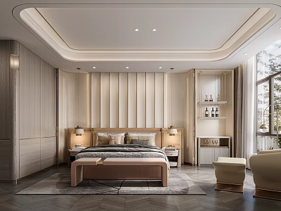 Modern Bedroom Interior Design With Upholstered Headboard Striped Wall Nightstands And Accent Chair 3d model