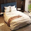 Double Bed With Blue Tufted Headboard White Bedding Side Tables Lamps And Green Window View