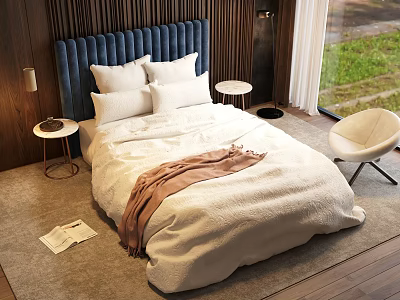Double Bed With Blue Tufted Headboard White Bedding Side Tables Lamps And Green Window View 3d model