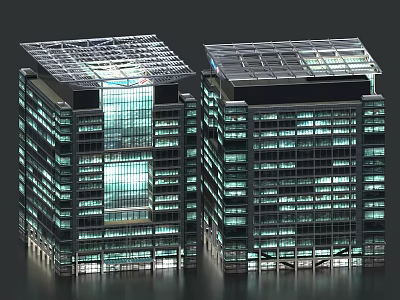 Twin Modern Office Buildings With Glass Curtain Walls And Illuminated Windows Transparent Rooftop 3d model
