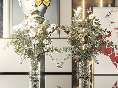 Crystal Vases With Cotton And Eucalyptus Flowers In Modern Decorative Setting With Artwork 3d model