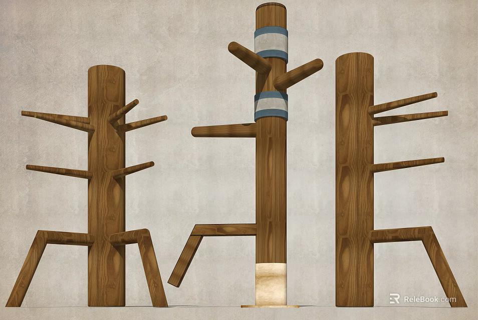 Wooden Sports Training Posts With Multiple Branches And Blue Straps 3d model