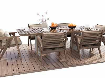 Modern Wooden Outdoor Table With Chairs Vase And Fruit Bowls On Patio Deck 3d model