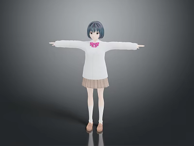 Child With Blue Gray Hair White Sweater Pink Bow Brown Pleated Skirt Arms Outstretched 3d model