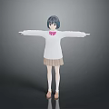 Child With Blue Gray Hair White Sweater Pink Bow Brown Pleated Skirt Arms Outstretched