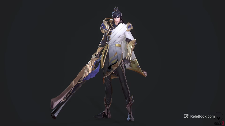 Game Movie Character Wearing White Gold Armor With Blue Accents Long Hair And Large Weapon 3d model 