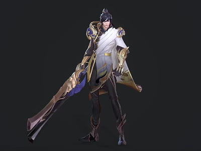 Game Movie Character Wearing White Gold Armor With Blue Accents Long Hair And Large Weapon 3d model