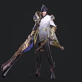 Game Movie Character Wearing White Gold Armor With Blue Accents Long Hair And Large Weapon