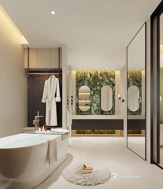 Modern Luxury Bathroom Interior With Bathtub Double Mirrors Green Plant Wall And Wooden Cabinets 3d model 