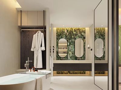 Modern Luxury Bathroom Interior With Bathtub Double Mirrors Green Plant Wall And Wooden Cabinets 3d model
