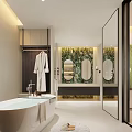 Modern Luxury Bathroom Interior With Bathtub Double Mirrors Green Plant Wall And Wooden Cabinets