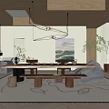 Serene Tea Room Interior With Wooden Table Benches Hanging Lights And Decorative Art