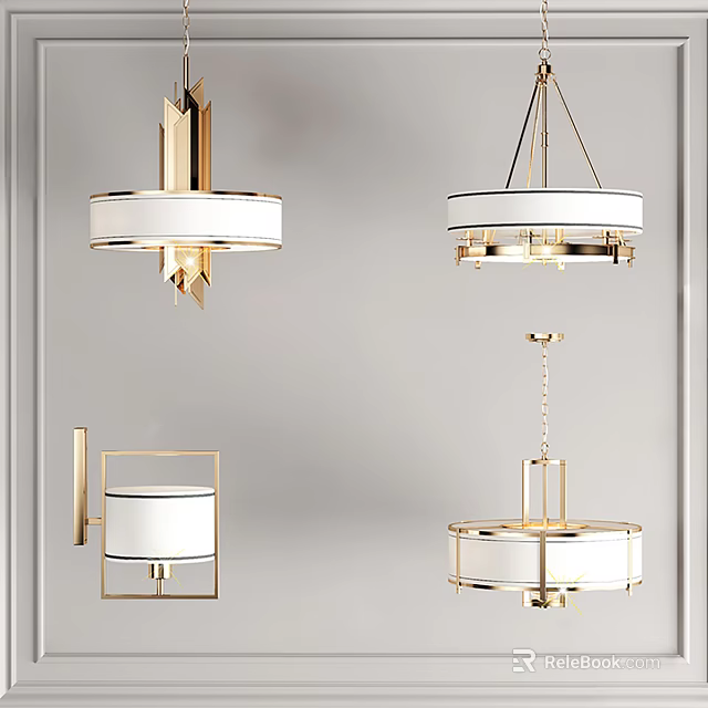 Modern Gold And White Lighting Fixture Set With Pendant Lights And Wall Sconces 3d model 