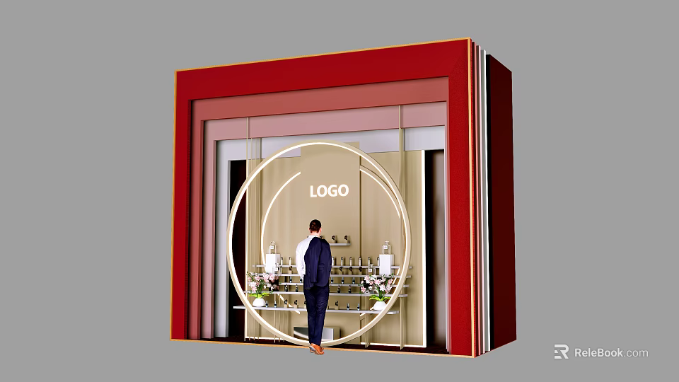 Red Framed Window Display Featuring Circular Logo Man in Suit and Decor Items 3d model