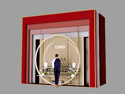 Red Framed Window Display Featuring Circular Logo Man in Suit and Decor Items 3d model