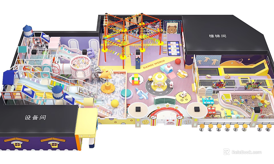 Colorful Indoor Playground Design With Climbing Frames Slide Ball Pit Equipment Room And Storage Space 3d model 