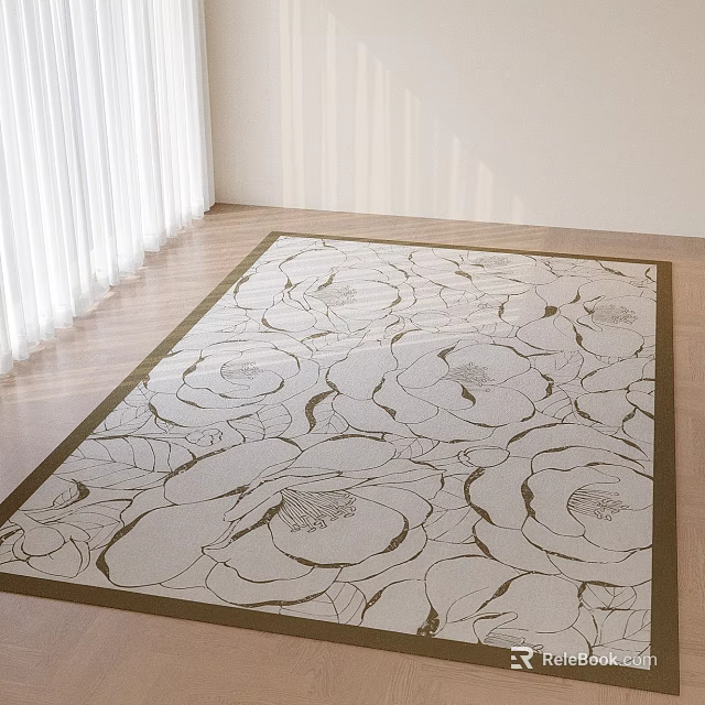 Light Beige Square Rug With Floral Pattern And Dark Border On Bright Wooden Floor Room 3d model 