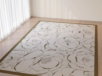 Light Beige Square Rug With Floral Pattern And Dark Border On Bright Wooden Floor Room 3d model