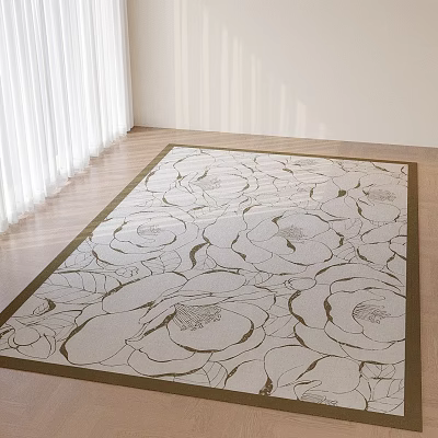 Light Beige Square Rug With Floral Pattern And Dark Border On Bright Wooden Floor Room 3d model