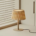 Minimalist Wooden Table Lamp With Radial Stripe Shade In Light Tone By Window