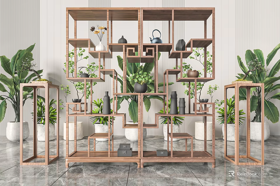 Multi Tiered Wooden Chinese Antique Display Shelf With Teapots Vases And Green Plants 3d model 