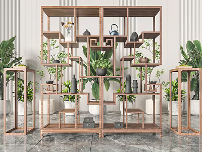 Multi Tiered Wooden Chinese Antique Display Shelf With Teapots Vases And Green Plants 3d model