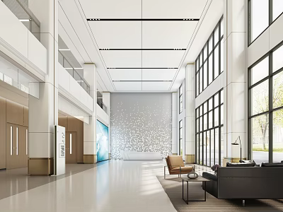 Modern Reception Desk In Spacious Lobby With Large Windows White Patterned Wall And Comfortable Seating 3d model