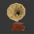 Vintage Gramophone With Golden Horn Red Base And Decorative Patterns