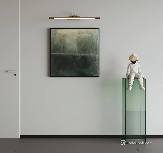 Abstract Painting on White Wall with Astronaut Model on Transparent Glass Cabinet Below 3d model 