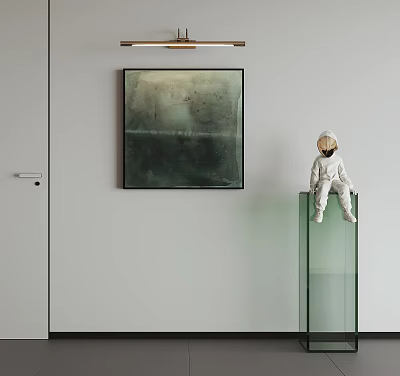 Abstract Painting on White Wall with Astronaut Model on Transparent Glass Cabinet Below 3d model