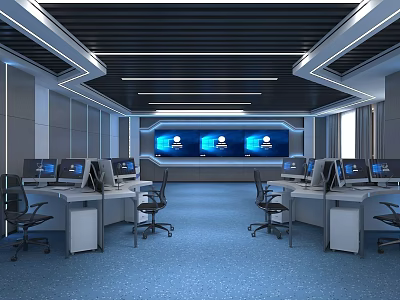 Modern Conference Room Interior Design With Multiple Screens Computers And Office Chairs 3d model