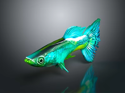Colorful Tropical Fish With Vibrant Blue Green Scales And Fancy Tail On Reflective Surface 3d model