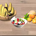 Mixed Berries Bananas Oranges in Wooden Bowl White Bowl and Paper Bag on Wooden Floor