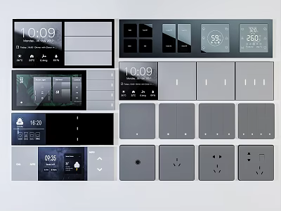 Smart Home Control Panels With Time Display Temperature Control Switches And Sockets 3d model