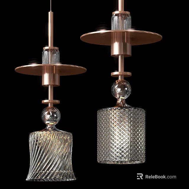 Modern Pendant Lights With Copper Finish Frames Textured Glass Shades And Disc Shaped Canopies 3d model 