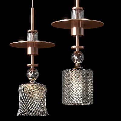 Modern Pendant Lights With Copper Finish Frames Textured Glass Shades And Disc Shaped Canopies 3d model