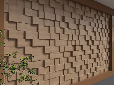 Modern Wooden Accent Wall With Geometric Square Patterns And Green Plant Decor 3d model