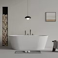 Contemporary Bathroom Interior Featuring White Bathtub Wooden Log Column Pendant Light And Wall Art