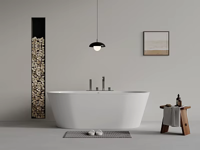 Contemporary Bathroom Interior Featuring White Bathtub Wooden Log Column Pendant Light And Wall Art 3d model