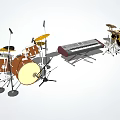 Professional Musical Instruments and Art Supplies Collection with Drums Keyboard and Brushes