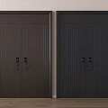 Dark Brown and Black Double Doors With Vertical Stripes Handles and Locks On Wooden Floor
