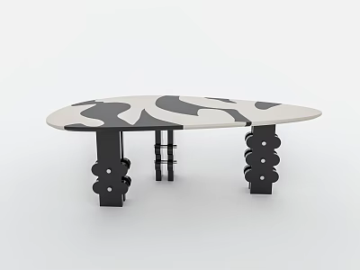 Modern Dining Table With Black And White Abstract Pattern Top And Unique Geometric Legs 3d model