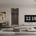 Modern Living Dining Room Interior With Beige Sofa Coffee Table Circular Chandelier And Abstract Artwork