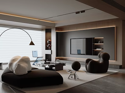 Modern Living Room Interior With Black Sofa Chair Round Coffee Table And TV Wall 3d model