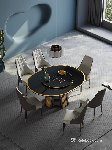 Elegant Round Black Dining Table Set With Grey Chairs And Gold Accents 3d model 