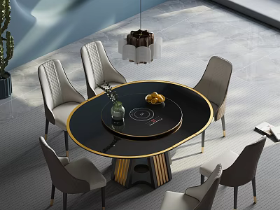 Elegant Round Black Dining Table Set With Grey Chairs And Gold Accents 3d model