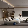 Modern Living Room Interior Design With Light Sofa Blue Accent Chair And Marble Coffee Table
