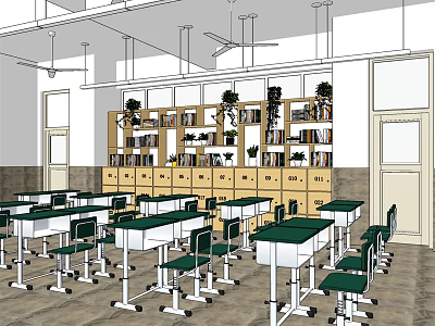 Organized School Classroom Interior With Desks Chairs Bookshelves Lockers And Green Plants 3d model